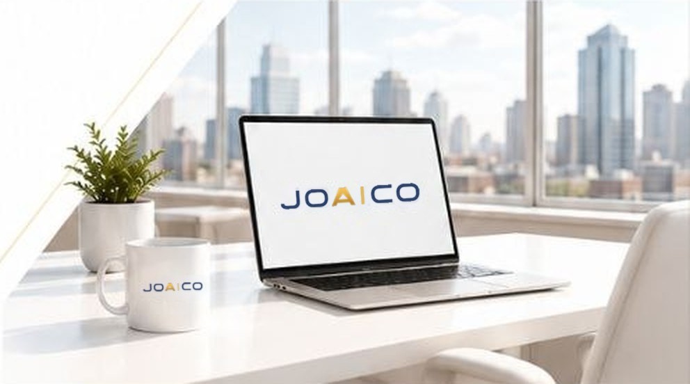 Laptop showing the JOAICO wordmark on a desk beside a plant and mug, with a city skyline behind